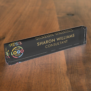 Modern Stylish Black Gold Business Logo Office Desk Name Plate