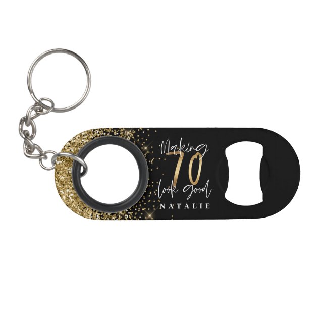 Modern stylish black & gold glitter 70th birthday keychain bottle opener (Front (Horizontal))
