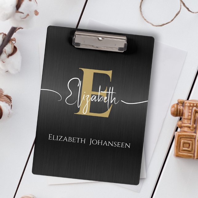 Modern Stylish Black Gold Monogrammed Script Name  Clipboard (Creator Uploaded)