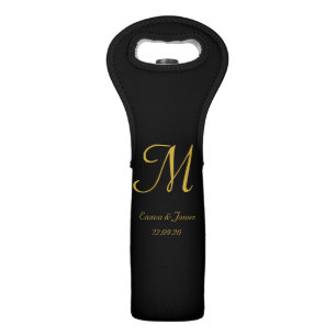 Modern Stylish Black & Gold Script Name Initial  Wine Bag