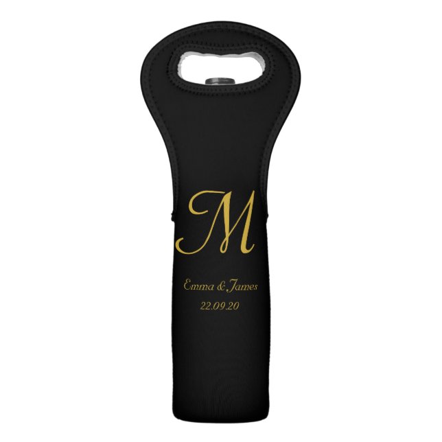 Modern Stylish Black & Gold Script Name Initial  Wine Bag (Front)