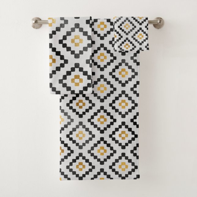 Modern Stylish Black Gray Gold Geometric Design Bath Towel Set (Insitu)