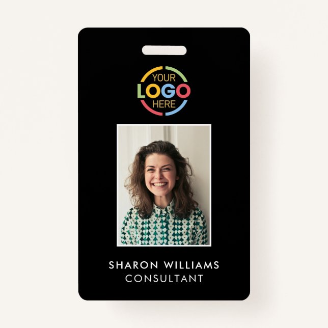Modern Stylish Black Minimalist Employee Photo ID Badge (Front)