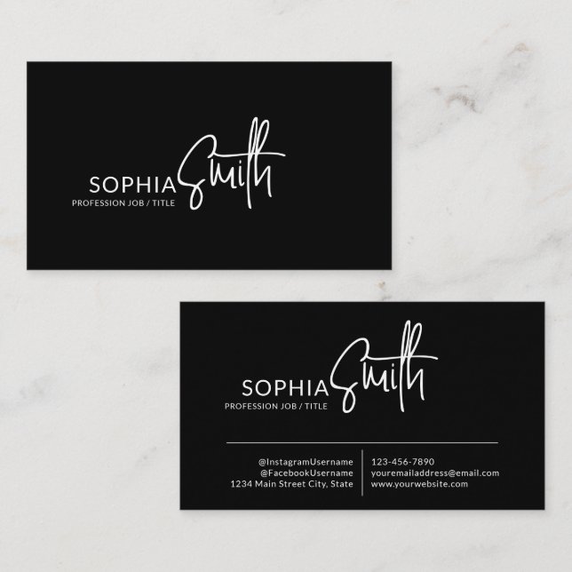 Modern Stylish Black Monochrome Handwritten Script Business Card (Front/Back)