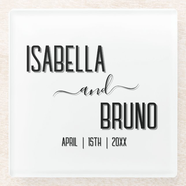 Modern, Stylish Black Personalized Text Wedding Glass Coaster (Front)