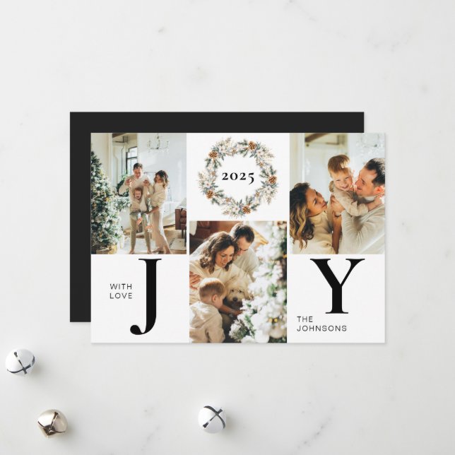 Modern Stylish Black Photo Collage Joy Christmas Holiday Card (Front/Back In Situ)