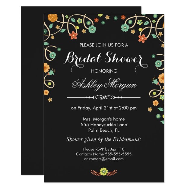 Modern Stylish Black Swirl Floral Bridal Shower Invitation