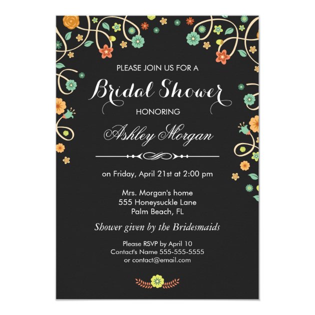 Modern Stylish Black Swirl Floral Bridal Shower Invitation