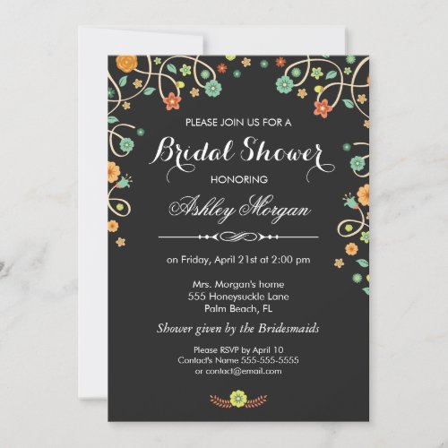 Modern Stylish Black Swirl Floral Bridal Shower 5x7 Paper Invitation Card