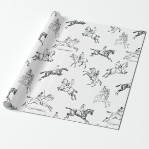 Modern Stylish Black White Horseback Riding Toile Wrapping Paper
