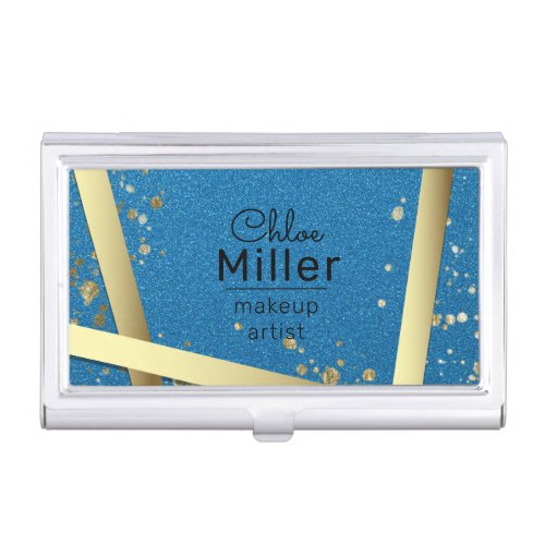 Modern Stylish Blue And Gold Glitter Makeup Artist Business Card Case
