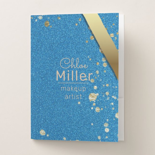 Modern Stylish Blue And Gold Glitter Makeup Artist Pocket Folder (Front)