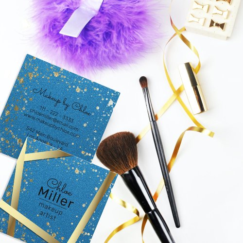 Modern Stylish Blue And Gold Glitter Makeup Artist Square Business Card