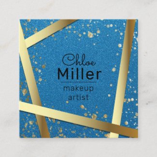 Modern Stylish Blue And Gold Glitter Makeup Artist Square Business Card