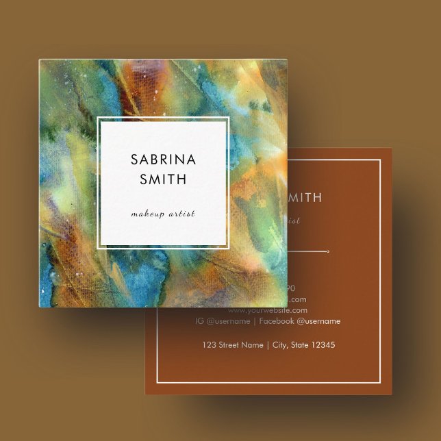 Modern Stylish Blue Brown Watercolor Abstract Square Business Card (Stylish Terracotta Watercolor Abstract Square Business Card)