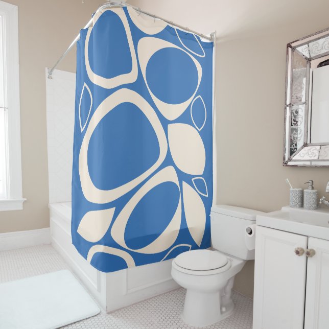 Modern Stylish Blue Cream Abstract Pattern Shower Curtain (In Situ)