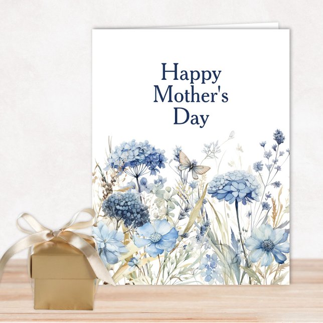 Modern Stylish Blue Floral Happy Mother's Day Card (Elegant Blue Wildflower Happy Mother's Day Card with hydrangeas and butterflies)