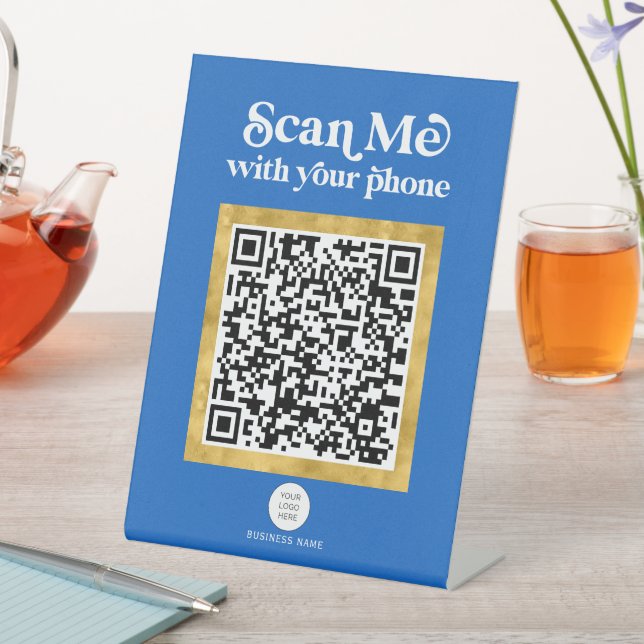 Modern stylish blue QR code business sign (In SItu)