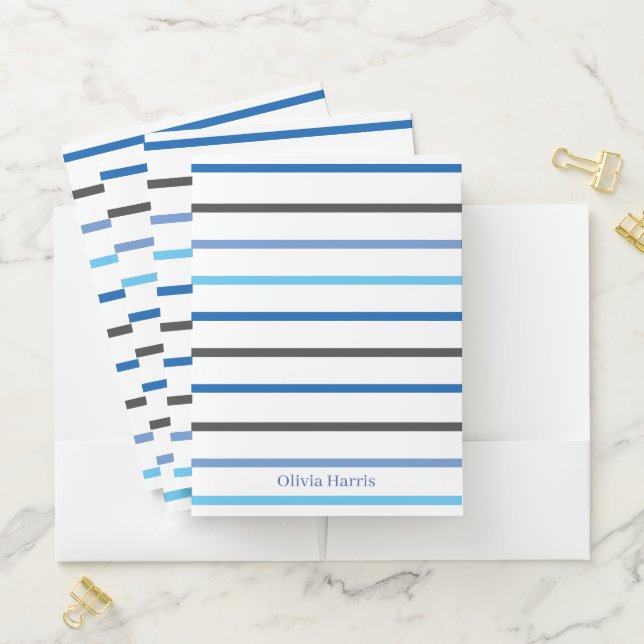 Modern Stylish Blue Stripes Custom Pocket Folder (In Situ)