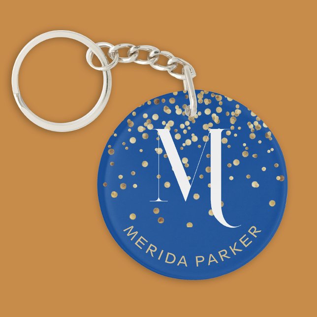 Modern Stylish Blue White Name Initial Monogram  Keychain (Creator Uploaded)
