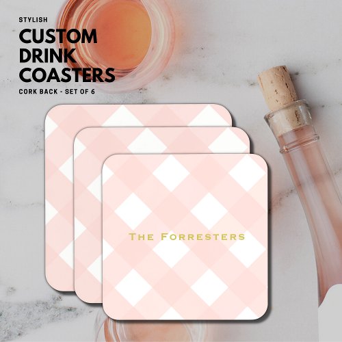 Modern Stylish Blush and Gold Monogram Gingham Beverage Coaster