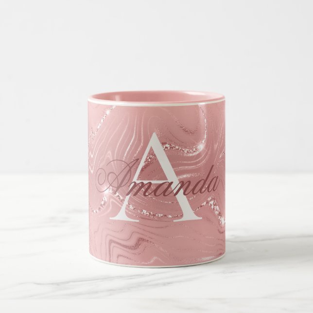 Modern Stylish Blush Pink Glitter Monogram Name Two-Tone Coffee Mug (Center)