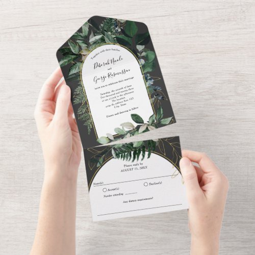 Modern stylish Boho Arch with Watercolor Greenery All In One Invitation