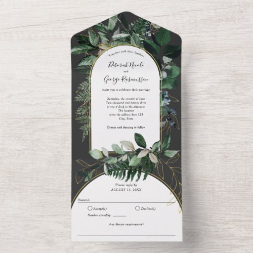 Modern stylish Boho Arch with Watercolor Greenery  All In One Invitation