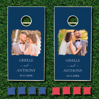 Modern Stylish Boho Wedding Monogram Navy Blue Cornhole Set