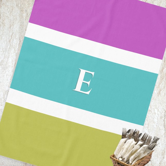 Modern Stylish Bright Color Block Stripe Monogram Tablecloth (A bright tablecloth, with monogram and color block stripes in magenta, turquoise and lime green)