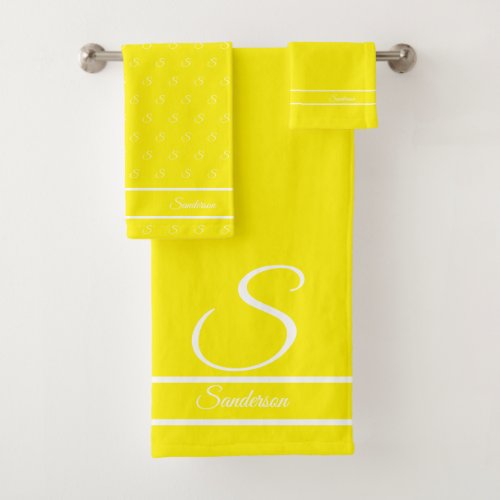 Modern Stylish Bright Yellow and White Monogram  Bath Towel Set