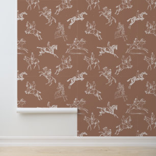 Modern Stylish Brown White Horseback Riding Toile Wallpaper