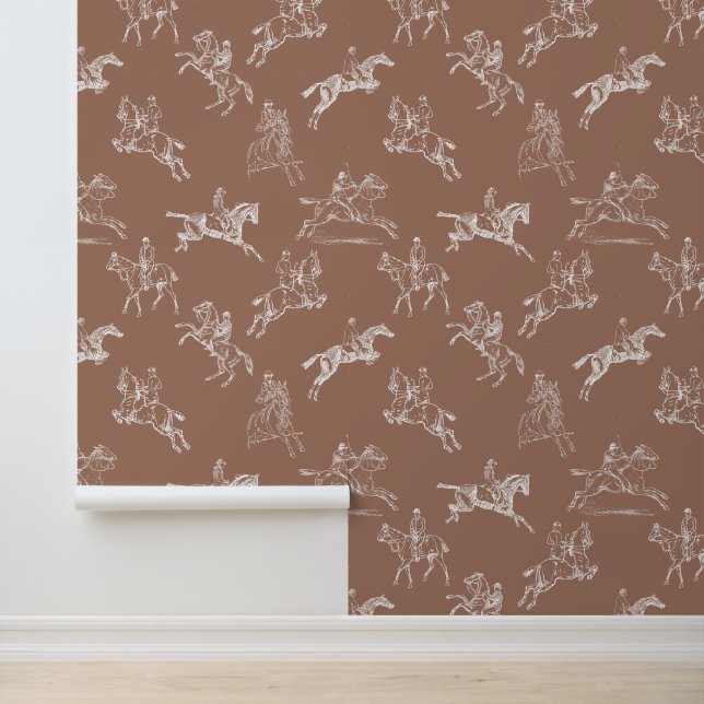 Modern Stylish Brown White Horseback Riding Toile Wallpaper (Application)