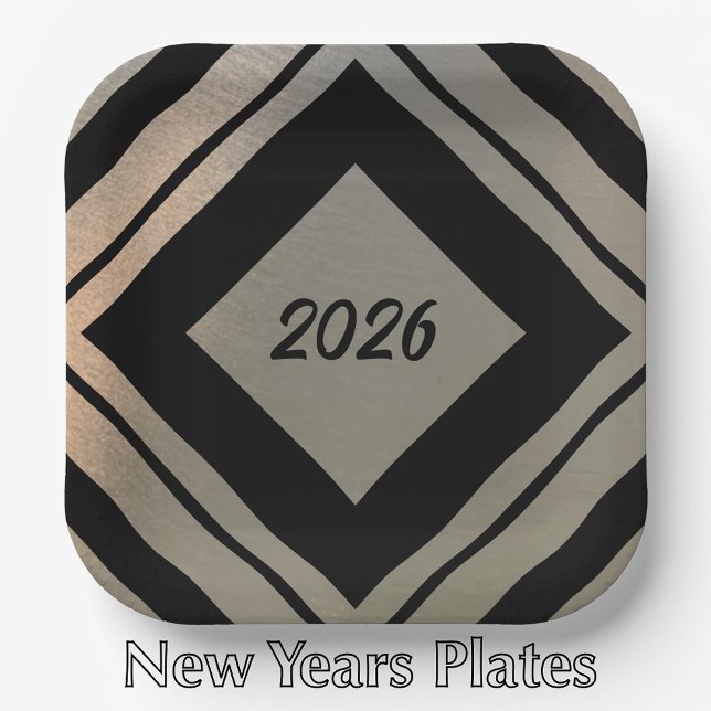 Modern Stylish Brushed Metal 2026 New Years Party Paper Plates (Stylish custom New Year’s party paper plates. Modern Faux brushed metal and black custom script)