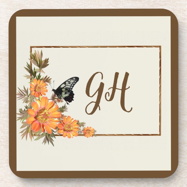 Modern & Stylish Butterfly Flower Monogrammed Beverage Coaster (Front)