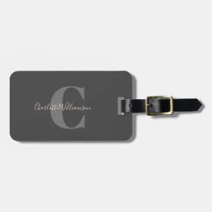 Modern Stylish Calligraphy Monogrammed Black Gray Luggage Tag