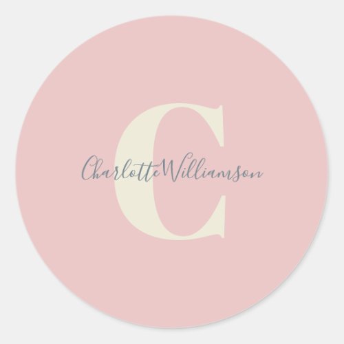 Modern Stylish Calligraphy Monogrammed Name Pink Classic Round Sticker