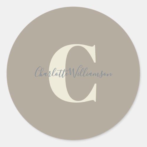 Modern Stylish Calligraphy Monogrammed Name Taupe Classic Round Sticker