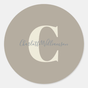 Modern Stylish Calligraphy Monogrammed Name Taupe Classic Round Sticker