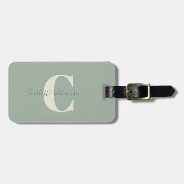 Modern Stylish Calligraphy Monogrammed Sage Green Luggage Tag (Front Horizontal)
