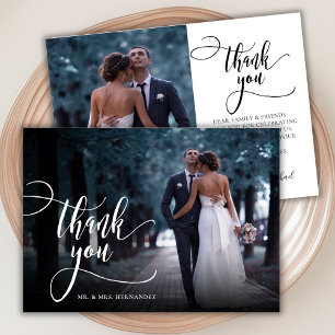 Modern Stylish Calligraphy Script 2 Photo Wedding Thank You Card