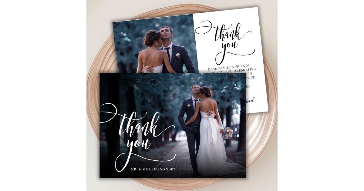 Modern Stylish Calligraphy Script 2 Photo Wedding Thank You Card | Zazzle