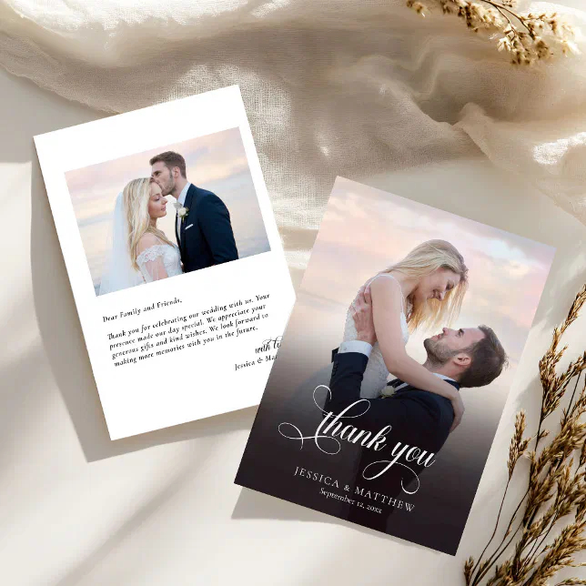 Modern Stylish Calligraphy Script Photo Wedding Thank You Card | Zazzle
