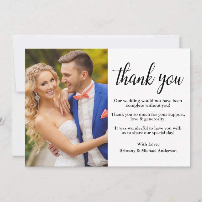 Modern Stylish Calligraphy Wedding Photo Thank You Card (Front)