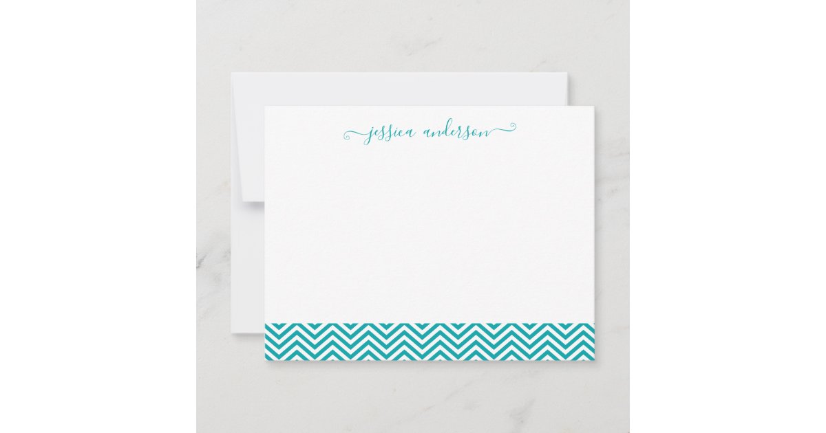 Modern Stylish Chevron Zigzag Girly Script Teal Note Card | Zazzle
