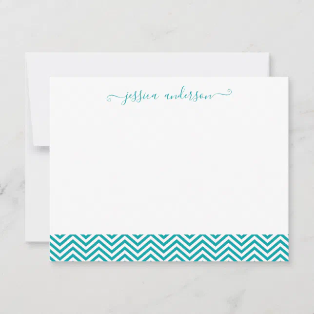 Modern Stylish Chevron Zigzag Girly Script Teal Note Card | Zazzle