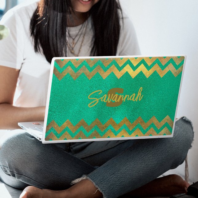 Modern Stylish Chic Green And Gold Chevron HP Laptop Skin (Creator Uploaded)