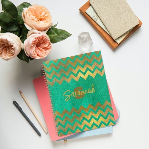 Modern Stylish Chic Green And Gold Chevron Planner