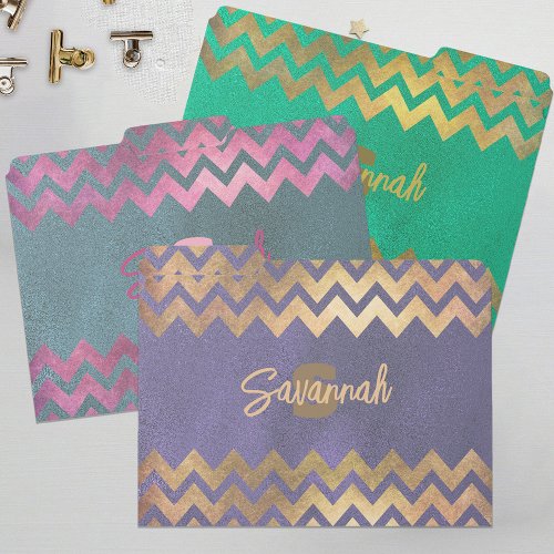 Modern Stylish Chic Green Pink Purple Gold Chevron File Folder