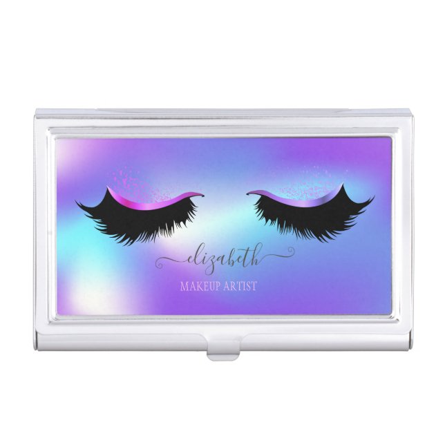 Modern Stylish Chic Holographic, Lashes Business C Business Card Case (Front)